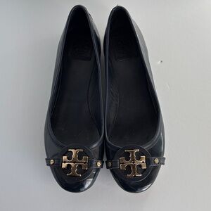 Tory Burch Black Leather Flats with Gold Logo